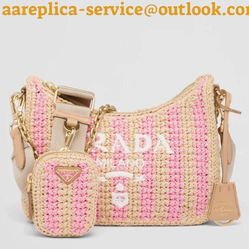 Replica Prada Re-Edition 2005 Bag In Beige and Pink Stripe Raffia