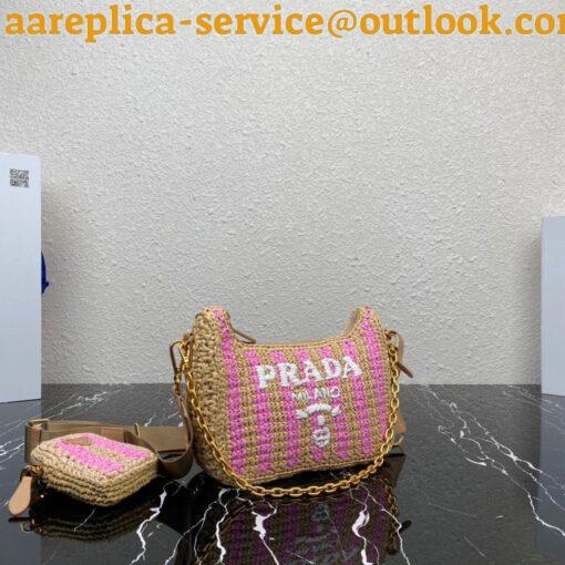 Replica Prada Re-Edition 2005 Bag In Beige and Pink Stripe Raffia 3