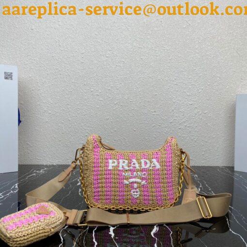 Replica Prada Re-Edition 2005 Bag In Beige and Pink Stripe Raffia 6