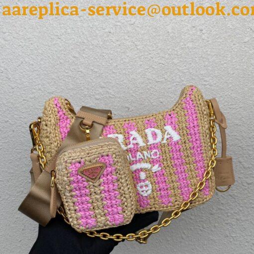 Replica Prada Re-Edition 2005 Bag In Beige and Pink Stripe Raffia 11