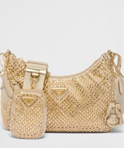 Replica Prada Re-Edition 2005 Bag In Gold Satin with Crystal