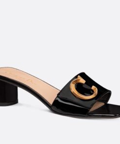 Replica Dior C’est Heeled 50MM Slides in Black Patent Calfskin