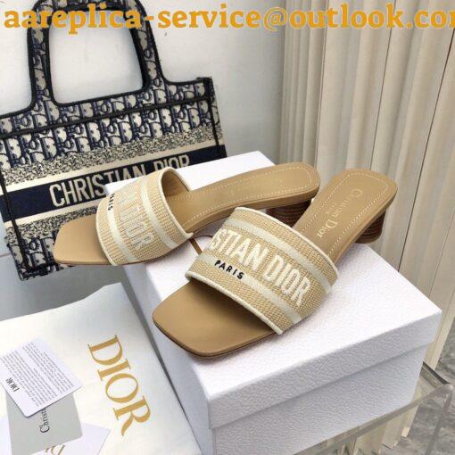 Replica Dior Dioriviera Dway Heeled 35MM Slides in Raffia and White Cotton 4