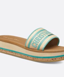 Replica Dior Dioriviera Dway Platform Slides in Raffia and Aquamarina Embroidered Cotton