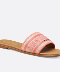 Replica Dior Dioriviera Dway Slides in Raffia and Pink Embroidered Cotton