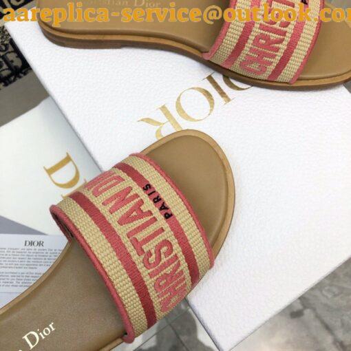 Replica Dior Dioriviera Dway Slides in Raffia and Pink Embroidered Cotton 4