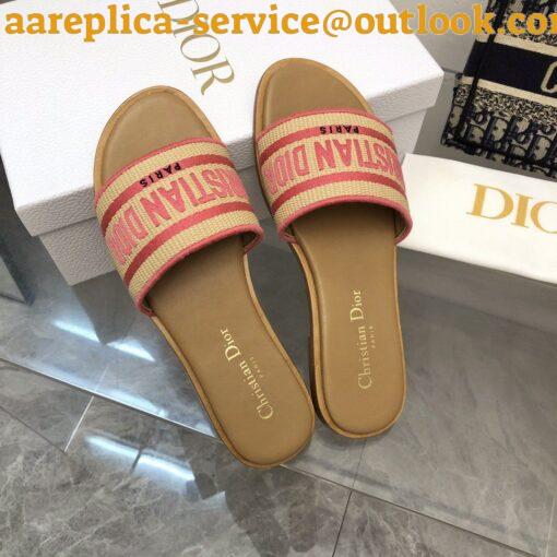 Replica Dior Dioriviera Dway Slides in Raffia and Pink Embroidered Cotton 5