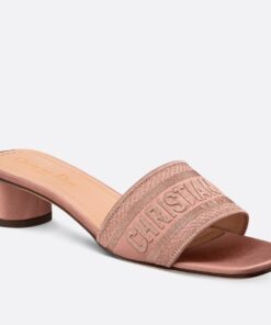 Replica Dior Dway Heeled 35MM Slides in Blush Metallic Thread Embroidered Satin