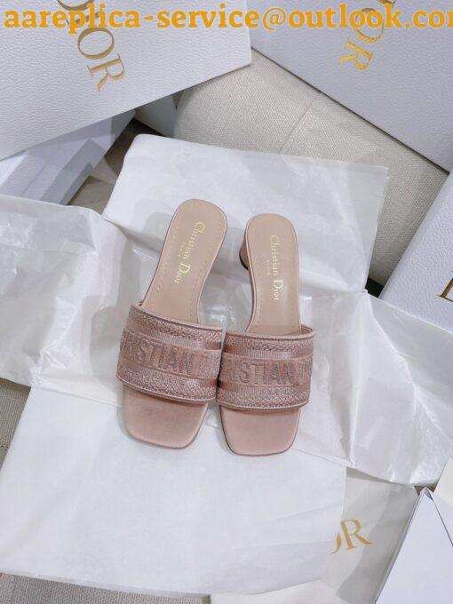 Replica Dior Dway Heeled 35MM Slides in Blush Metallic Thread Embroidered Satin 4