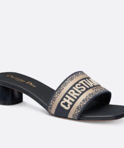 Replica Dior Dway Heeled 35MM Slides in Deep Blue Embroidered Cotton