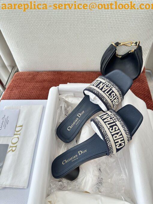 Replica Dior Dway Heeled 35MM Slides in Deep Blue Embroidered Cotton 22