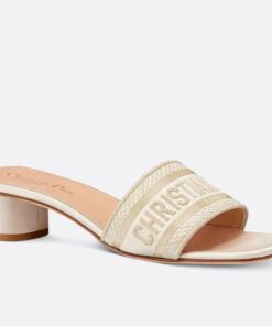 Replica Dior Dway Heeled 35MM Slides in Gold Metallic Thread Embroidered Satin