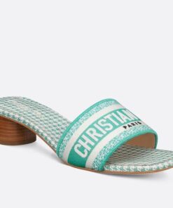 Replica Dior Dway Heeled 35MM Slides in Green Houndstooth Embroidered Cotton