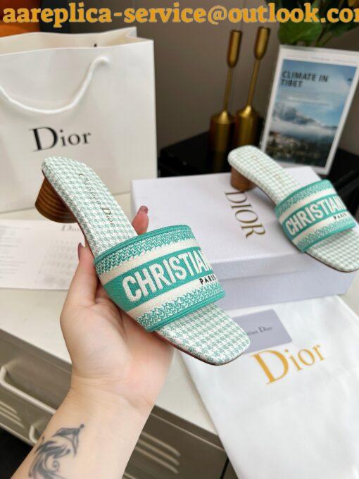 Replica Dior Dway Heeled 35MM Slides in Green Houndstooth Embroidered Cotton 9