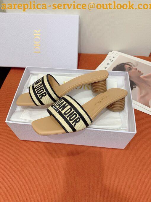 Replica Dior Dway Heeled 35MM Slides in Natural Raffia and Embroidered Cotton 21