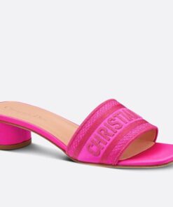 Replica Dior Dway Heeled 35MM Slides in Pink Embroidered Satin and Cotton