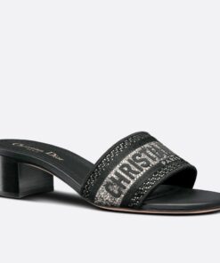 Replica Dior Dway Heeled Black Slides with Metallic Thread and Strass