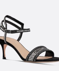 Replica Dior Dway Heeled Sandals In Black Cotton with Strass