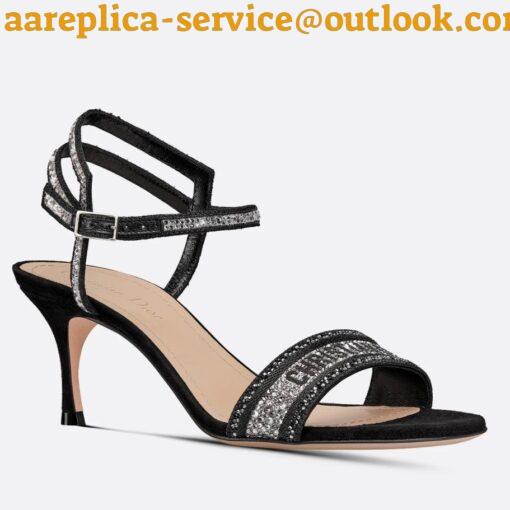 Replica Dior Dway Heeled Sandals In Black Cotton with Strass