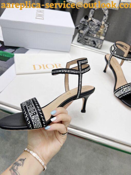 Replica Dior Dway Heeled Sandals In Black Cotton with Strass 6