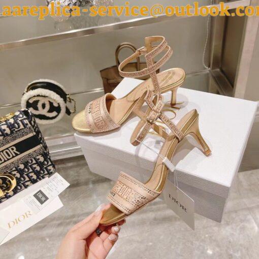 Replica Dior Dway Heeled Sandals In Gold Cotton with Strass 15