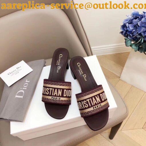 Replica Dior Dway Heeled Slides In Bordeaux Embroidered Cotton 3