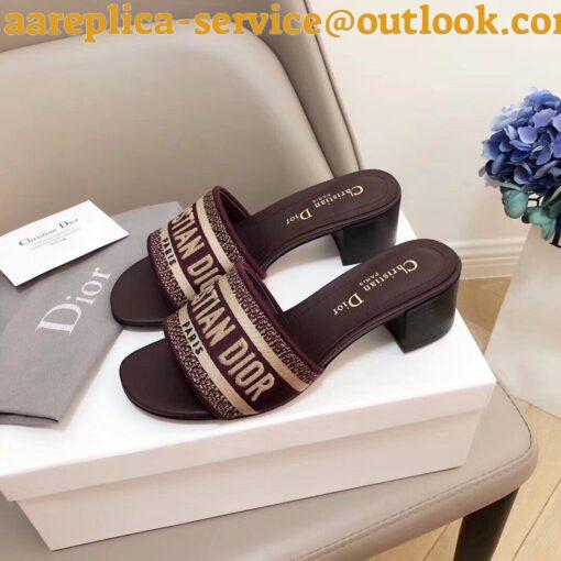 Replica Dior Dway Heeled Slides In Bordeaux Embroidered Cotton 5