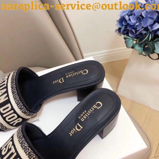 Replica Dior Dway Heeled 35MM Slides in Deep Blue Embroidered Cotton 5