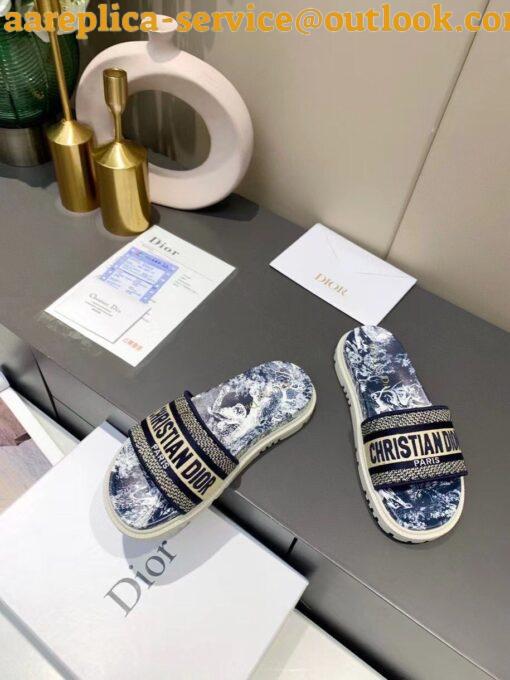 Replica Dior Dway Slides In Blue Toile de Jouy Flowers Embroidered Cotton 3