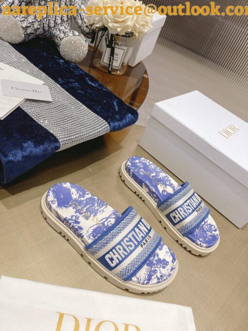 Replica Dior Dway Slides In Bright Blue Toile de Jouy Embroidered Cotton 8