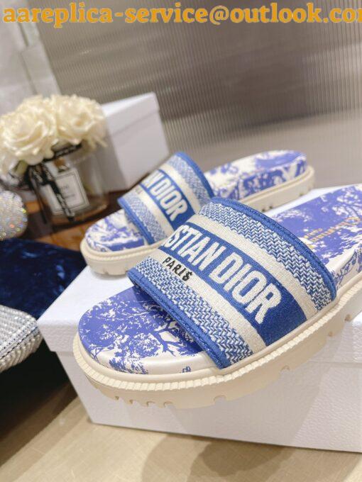 Replica Dior Dway Slides In Bright Blue Toile de Jouy Embroidered Cotton 9