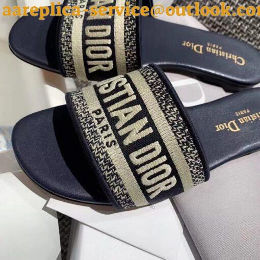 Replica Dior Dway Heeled 35MM Slides in Deep Blue Embroidered Cotton 10