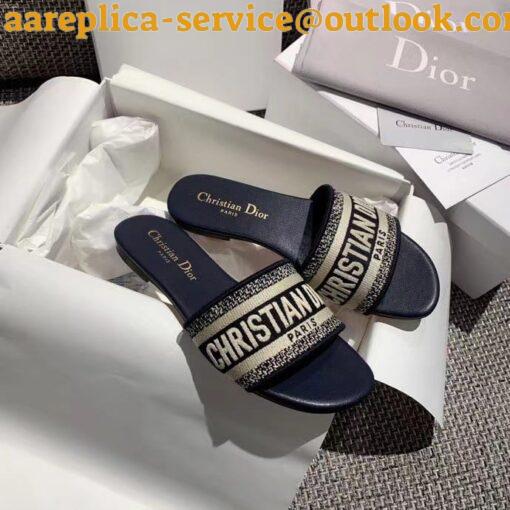 Replica Dior Dway Heeled 35MM Slides in Deep Blue Embroidered Cotton 12