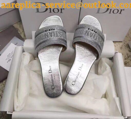 Replica Dior Dway Slides In Grey Metallic Thread Embroidery and Strass 9