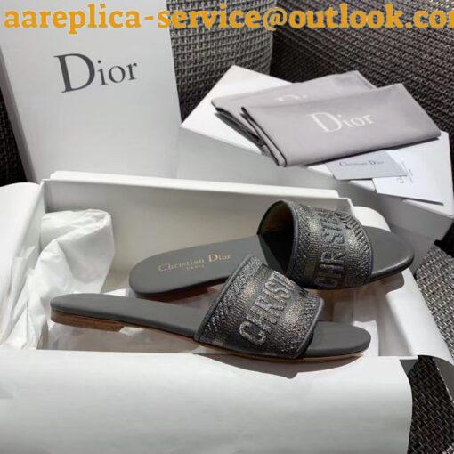 Replica Dior Dway Slides In Grey-Tone Embroidered Metallic Fabric 3