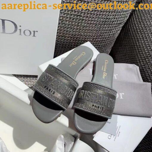 Replica Dior Dway Slides In Grey-Tone Embroidered Metallic Fabric 7