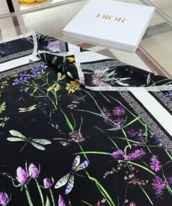 Replica Dior Herbarium 90 Square Scarf in Black Silk Twill