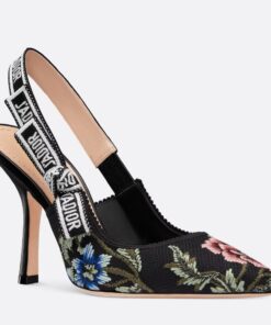 Replica Dior J’Adior Slingback Pumps 100mm In Black Petites Fleurs Embroidered Cotton