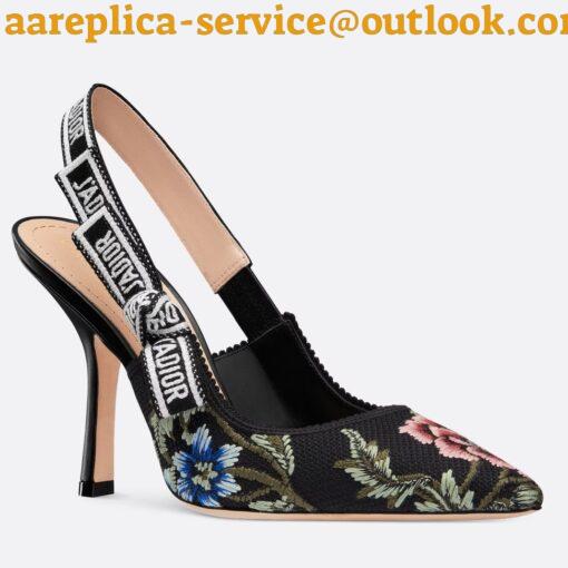 Replica Dior J’Adior Slingback Pumps 100mm In Black Petites Fleurs Embroidered Cotton