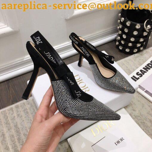 Replica Dior J’Adior Slingback Pumps 100mm In Black Suede With Strass 5