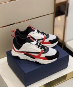 Replica Dior Men’s B22 Sneakers In Red Leather and White Mesh