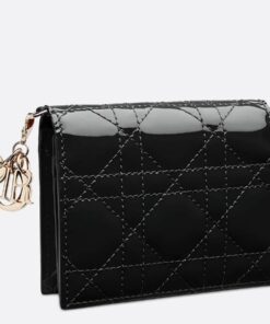 Replica Dior Mini Lady Dior Wallet In Black Patent Calfskin