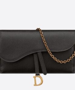 Replica Dior Saddle Chain Wallet In Black Grained Calfskin