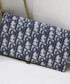 Replica Dior Saddle Chain Wallet In Blue Oblique Jacquard