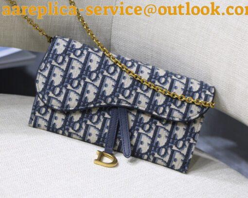 Replica Dior Saddle Chain Wallet In Blue Oblique Jacquard 4