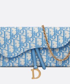 Replica Dior Saddle Chain Wallet In Light Blue Oblique Jacquard