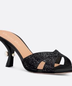 Replica Dior Tribales Heeled Slide Sandals in Black Suede and Strass