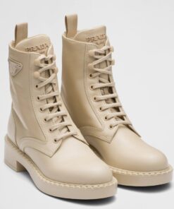 Replica Prada Ankle Boots in Beige Brushed Leather and Re-Nylon