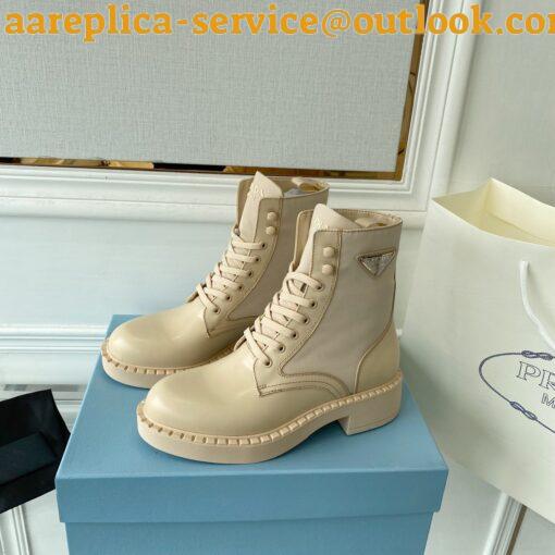 Replica Prada Ankle Boots in Beige Brushed Leather and Re-Nylon 6