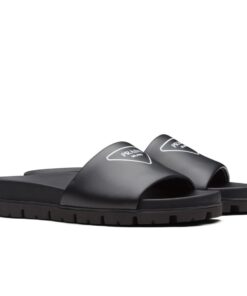 Replica Prada Black Leather Slides with Printed Triangle Logo